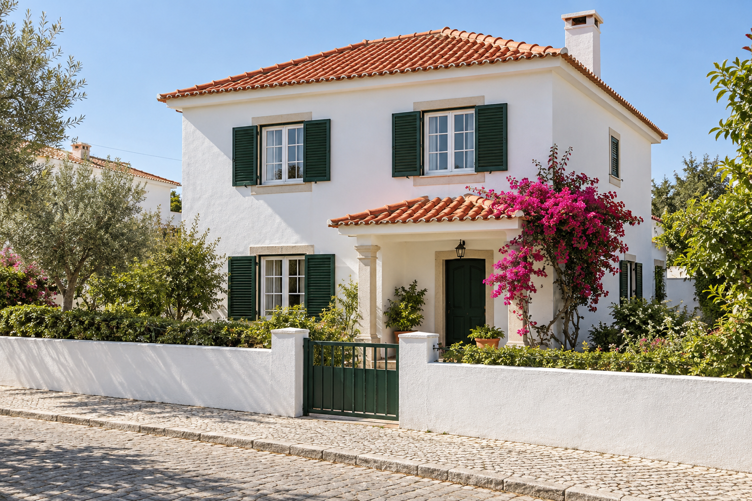 Weißes Wohnhaus mit grünen Fensterläden und Garten