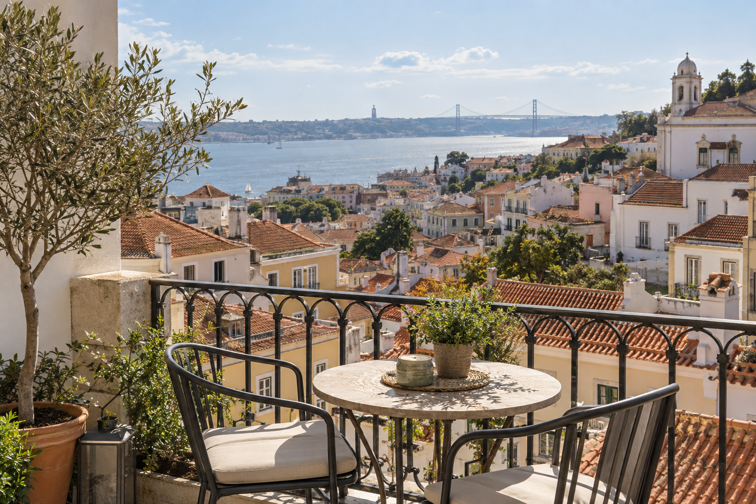 Terrasse mit Blick über Dächer und einen Fluss